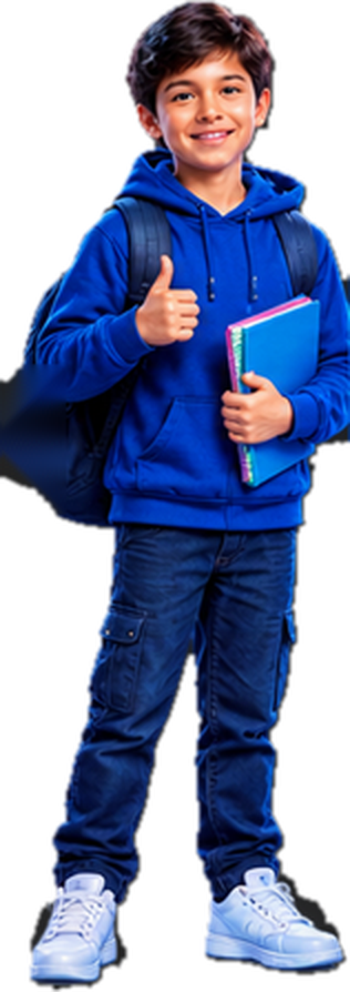 Niño con mochila y cuaderno haciendo pulgar arriba