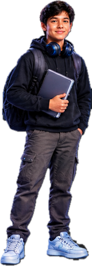 Joven con mochila y audífonos sosteniendo una laptop