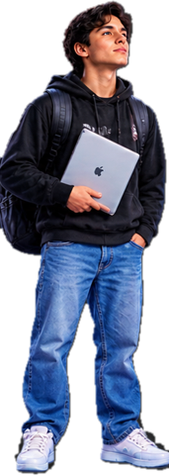 Joven adulto con mochila sosteniendo una laptop